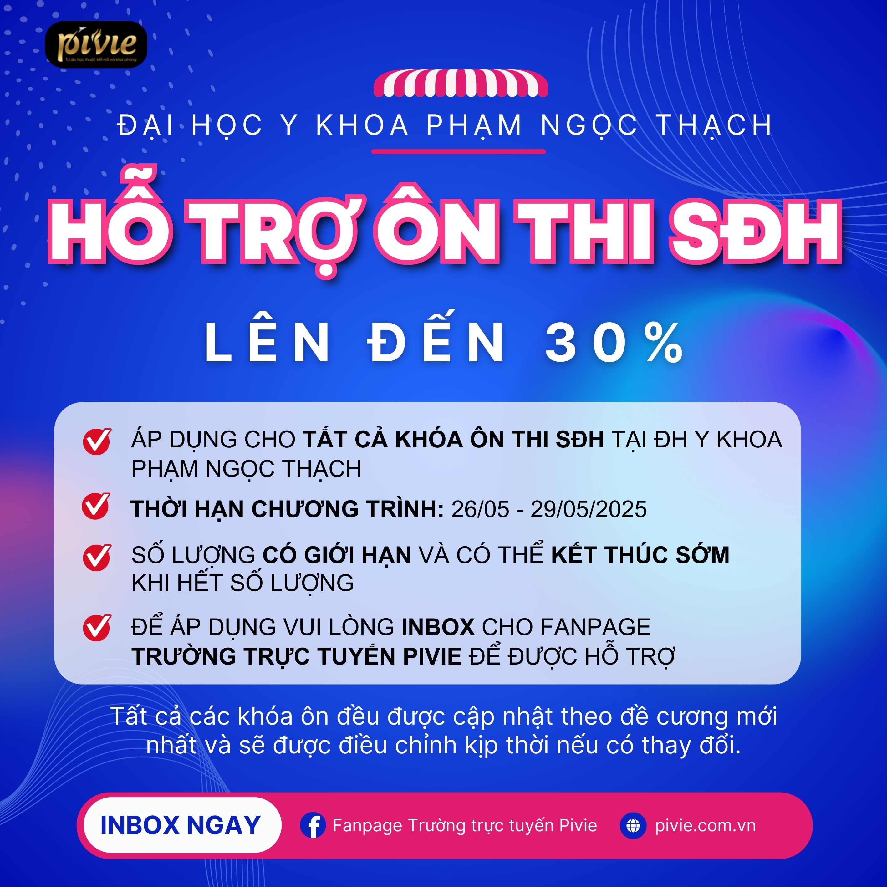   CHƯƠNG TRÌNH HỖ TRỢ 30% CÁC KHÓA ÔN THI SAU ĐẠI HỌC TẠI ĐẠI HỌC Y KHOA PHẠM NGỌC THẠCH ĐÃ QUAY TRỞ LẠI