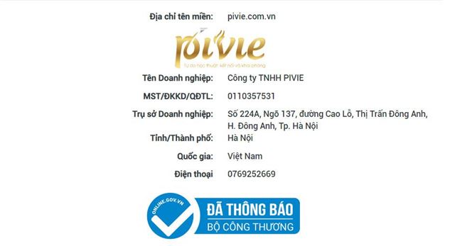 Website Pivie đã chính thức thông báo với Bộ Công Thương 